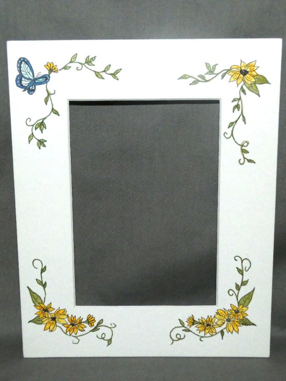 Hand Painted White Picture Frame Mat Photo Mat Blue Butterfly Yellow Flowers